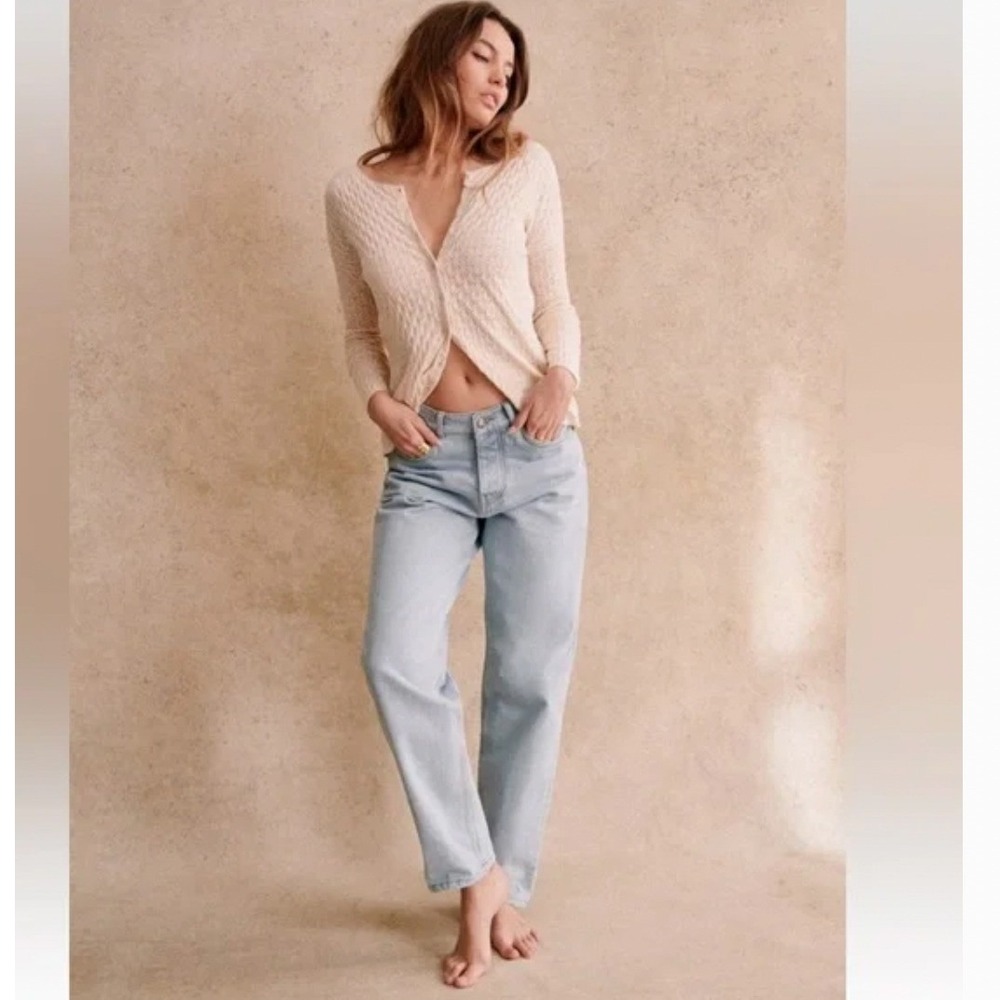 Sezane Adela Cardigan Natural Beige Organic Cotton Pointelle Knit XL Womens